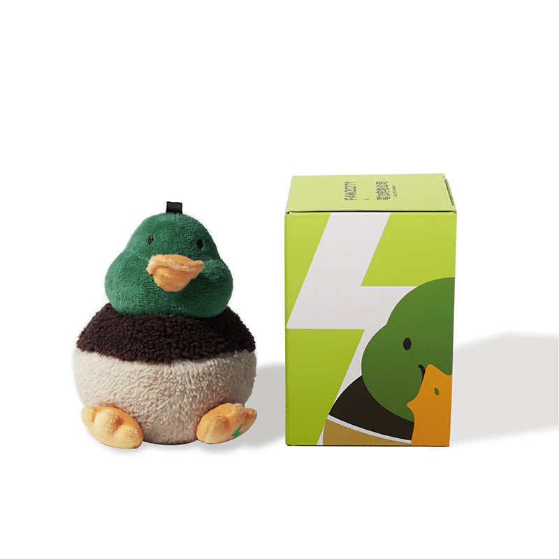 The PAWZCITY plush duck waste bag dispenser sitting next to its matching light green packaging box, featuring a cute duck illustration.
