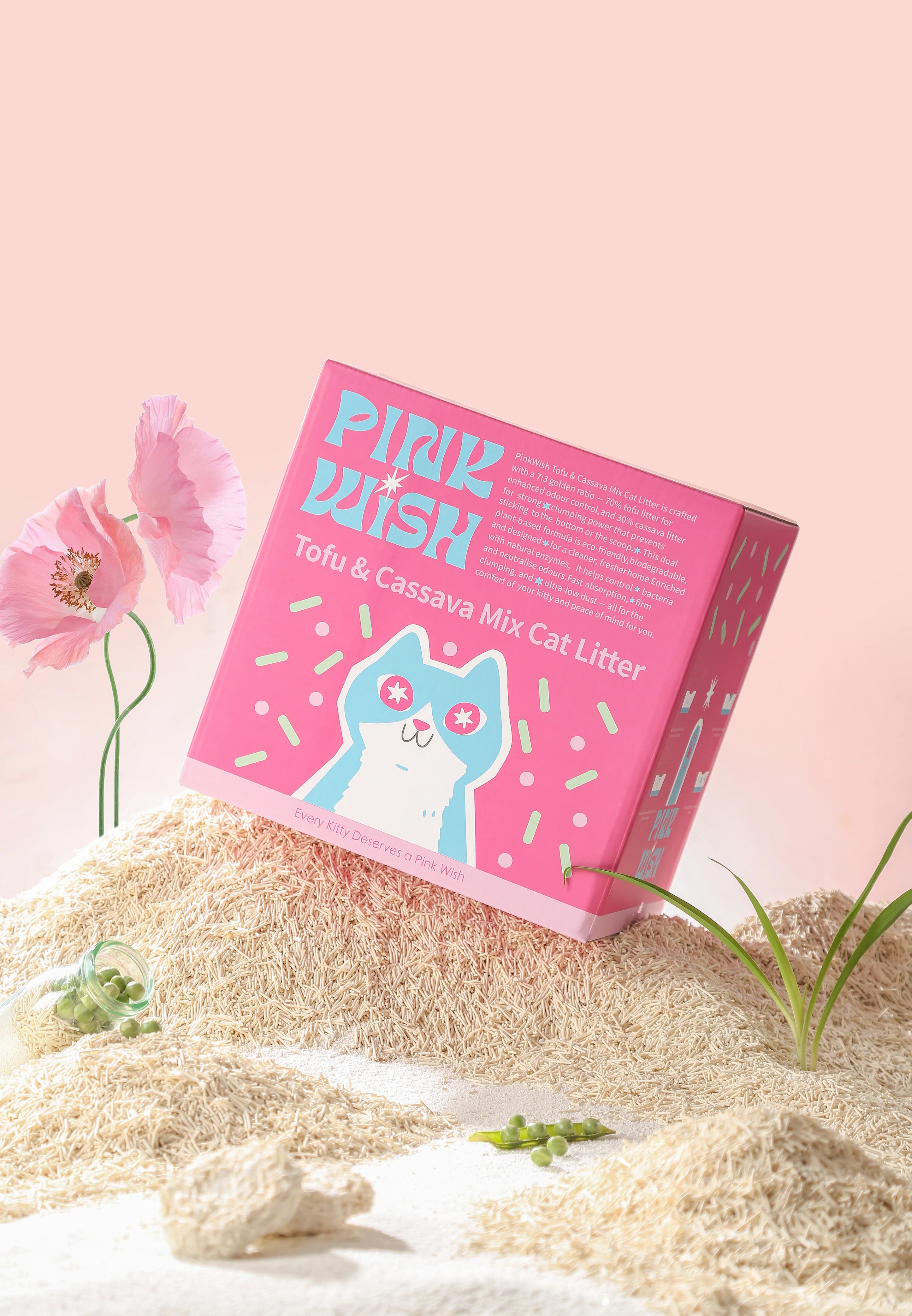 Pink carton of pink wish tofa and cassava mixed cat litter