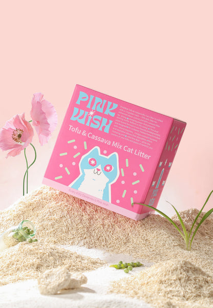 Pink carton of pink wish tofa and cassava mixed cat litter