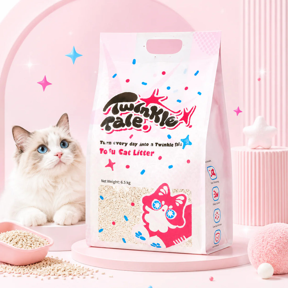 A beautiful Ragdoll cat sitting next to the adorable Pinkwish Twinkle Tale Pure Tofu Cat Litter 6.5kg value pack on a pastel pink display.