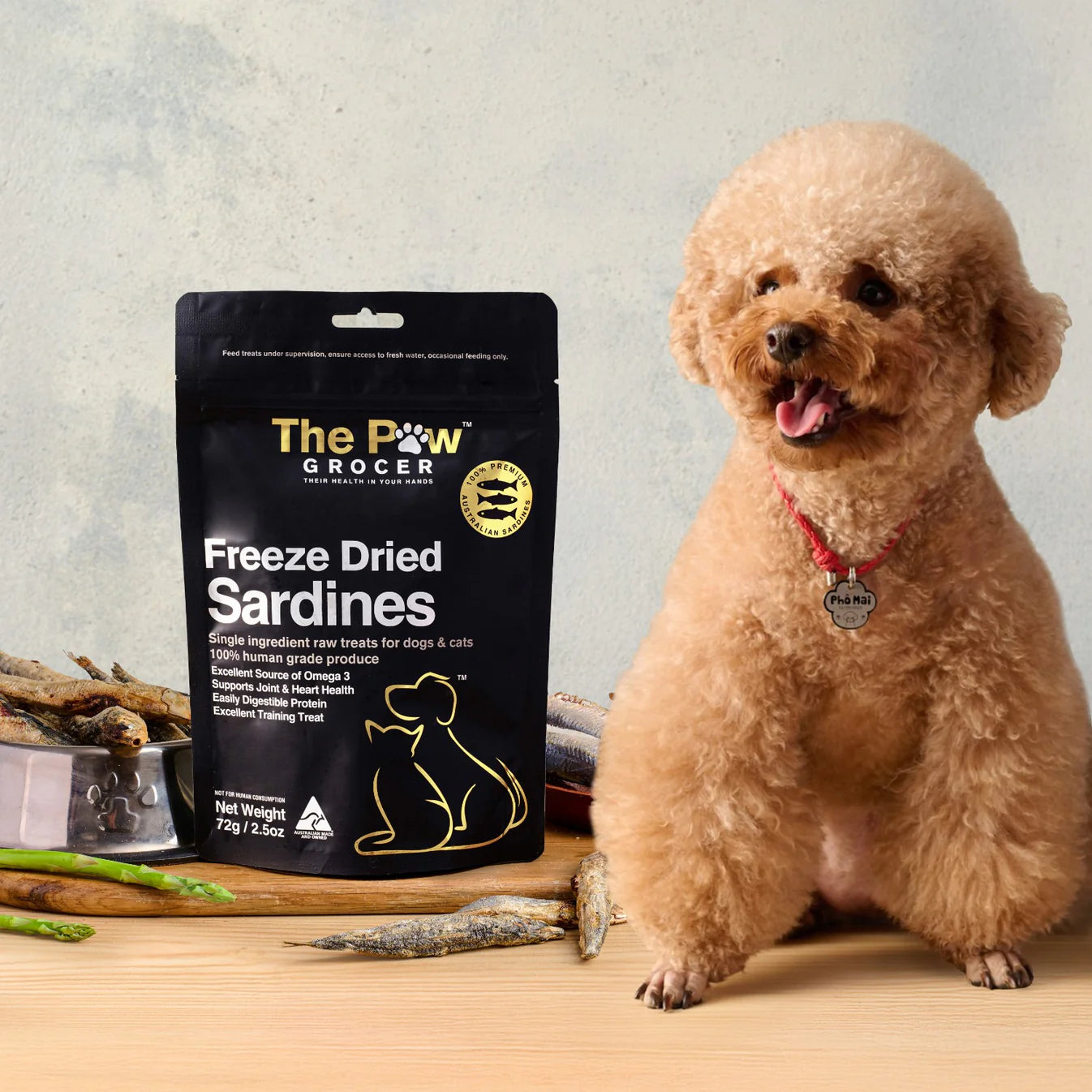 A fluffy brown Toy Poodle next to a bag of The Paw Grocer Freeze-Dried Sardines. Natural superfood for shiny coat and itchy skin relief.