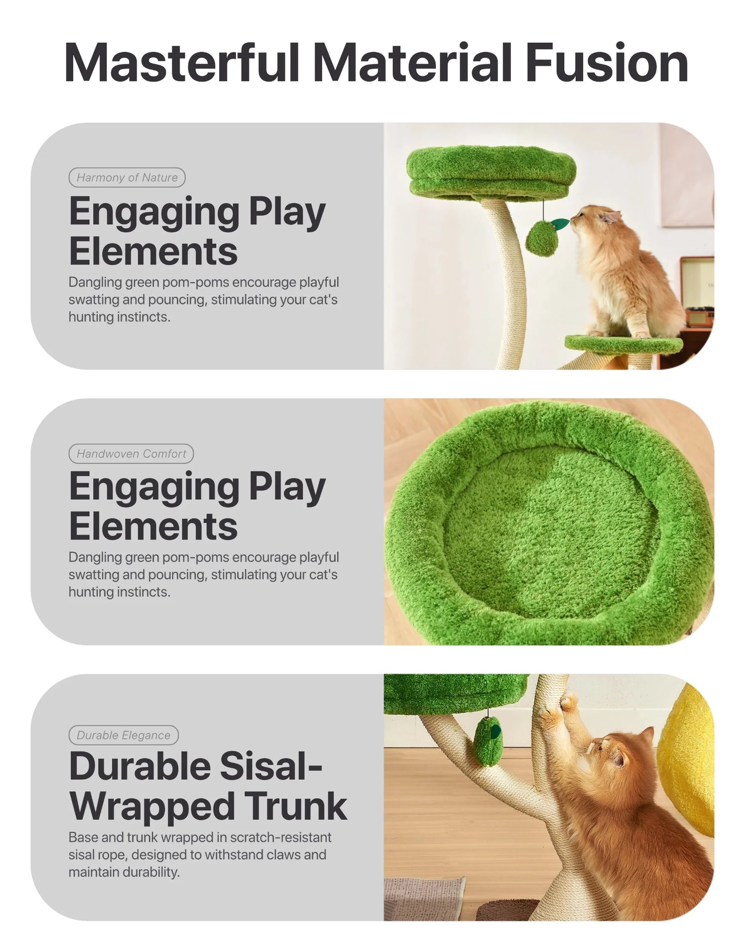 Details of the Michu Verde cat tree showcasing dangling green pom-pom toys, soft plush platforms, and scratch-resistant sisal-wrapped trunks. Designed to stimulate hunting and scratching instincts.