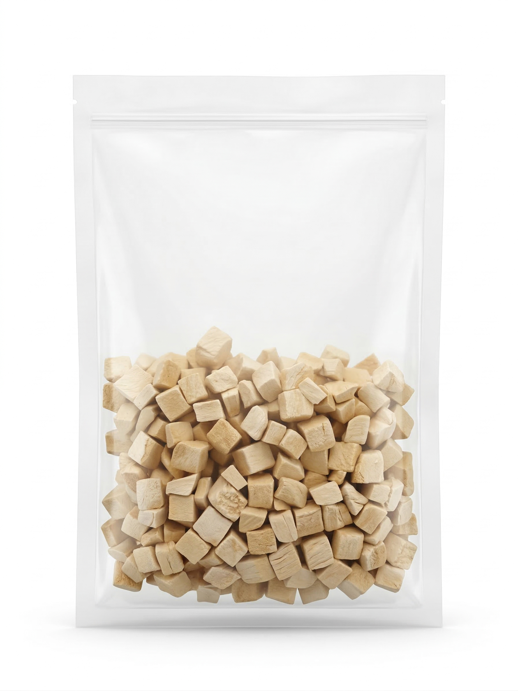 A clean studio shot of a clear stand-up pouch filled with portion-controlled freeze-dried chicken cubes, perfect for mess-free everyday positive reinforcement training.