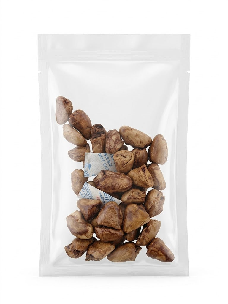A clean studio shot of a clear stand-up pouch filled with natural freeze-dried chicken heart treats, perfect for hypoallergenic pets, picky eaters, or those on restrictive diets.