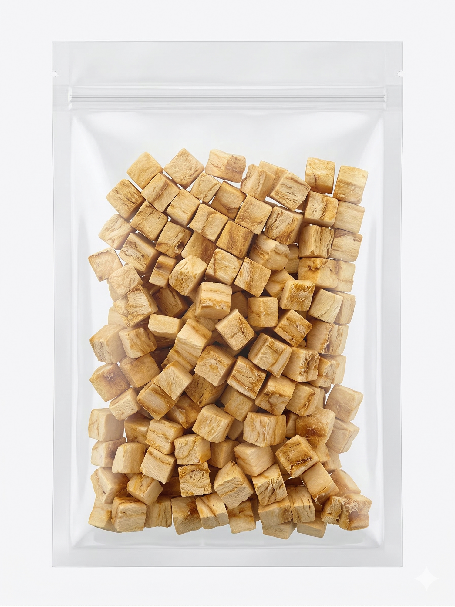 A clean studio shot of a clear stand-up pouch filled with portion-controlled freeze-dried cod cubes, perfect for low-fat pet training rewards.