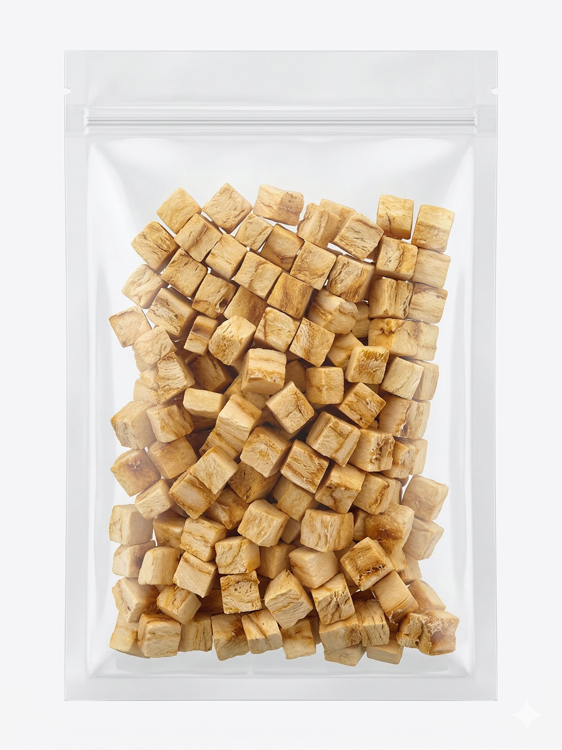 A clean studio shot of a clear stand-up pouch filled with portion-controlled freeze-dried cod cubes, perfect for low-fat pet training rewards.