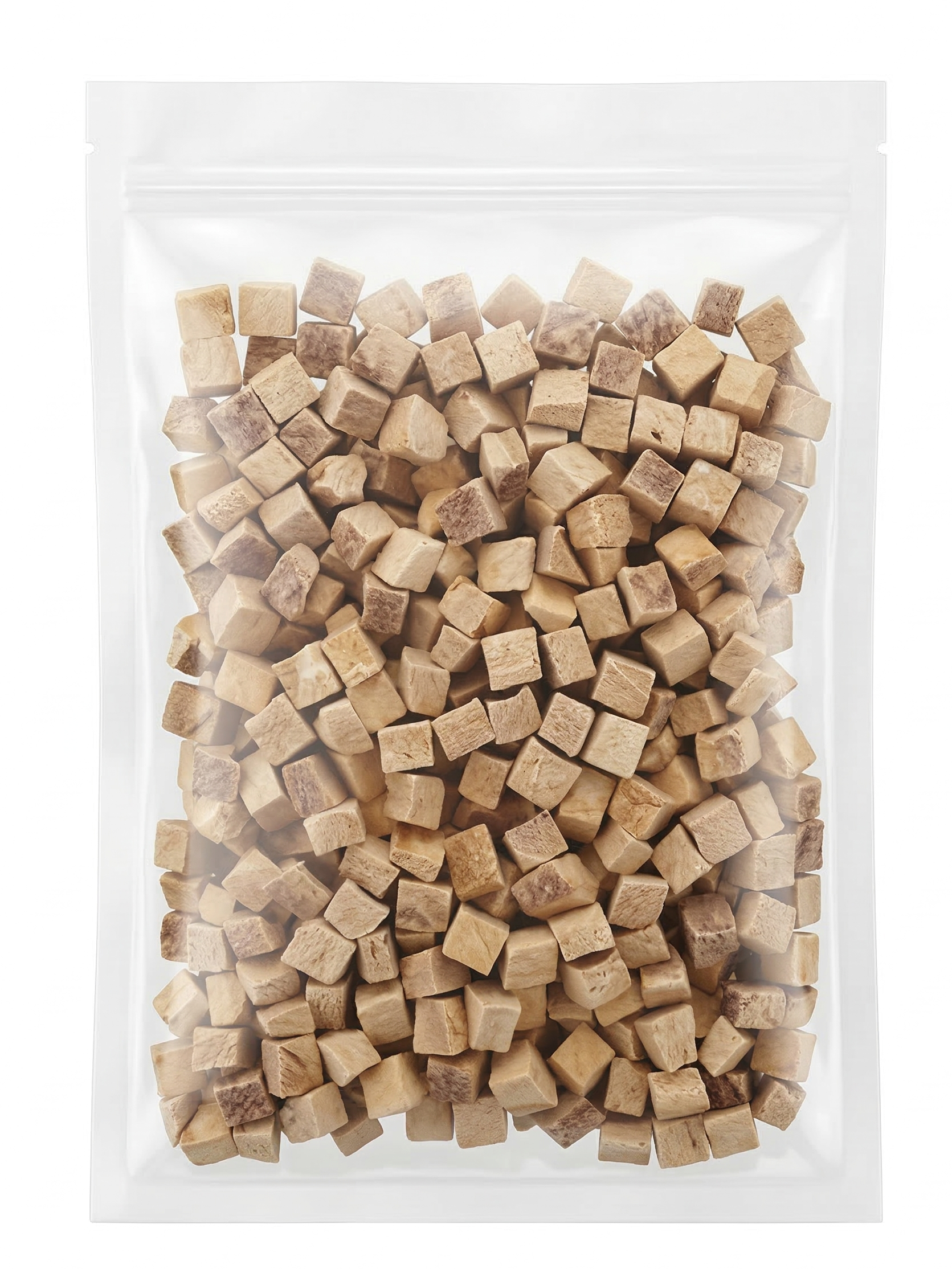 A clean studio shot of a clear stand-up pouch filled with portion-controlled freeze-dried duck cubes, ready to use as a high-value, mess-free reward for cats and dogs.
