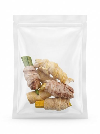 A clean studio shot of a clear stand-up pouch filled with six pieces of premium freeze-dried mixed wrapped bites, offering a visually stunning and nutritious gourmet reward for dogs.