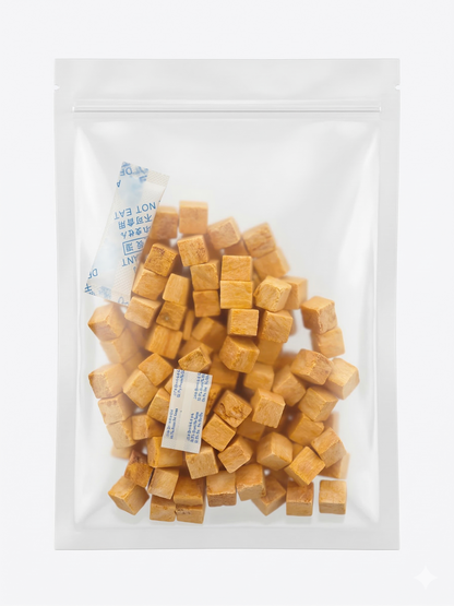 A clean studio shot of a clear stand-up pouch filled with natural freeze-dried salmon cubes, perfect for a mess-free, high-value training reward for cats and dogs.
