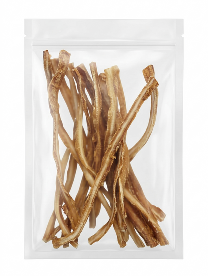 A clean studio shot of a clear stand-up pouch filled with long freeze-dried shark cartilage sticks, perfect for supporting pet mobility and oral health.