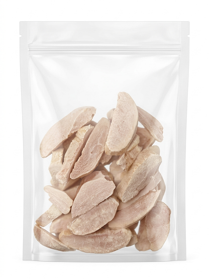 A clean studio shot of a clear stand-up pouch filled with premium thick-cut freeze-dried duck breast treats for cats and dogs, showcasing the natural, single-ingredient texture.