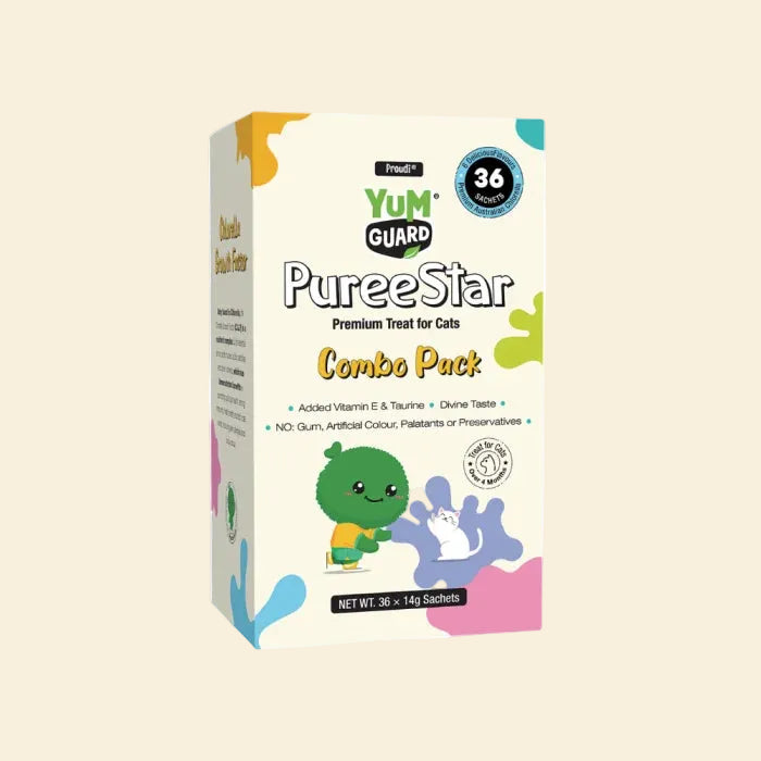 Front perspective view of the YumGuard Puree Star Combo Pack box. Premium treats for cats over 4 months old, added Vitamin E &amp; Taurine, and divine taste.
