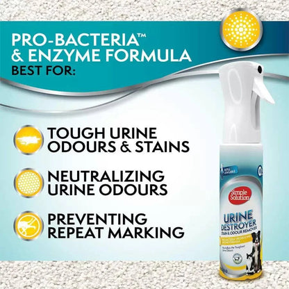 The Urine Destroyer spray against a white carpet background, showing it is best for neutralizing tough urine odors, removing stains, and preventing repeat pet marking with its Pro-Bacteria and Enzyme formula.
