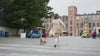 A dynamic lifestyle video for LéJoyee, featuring a woman in a trench coat joyfully running with her small brown dog in a trendy urban plaza with brick buildings, embodying the brand's mission of an active and happy "Paw-fect Life."