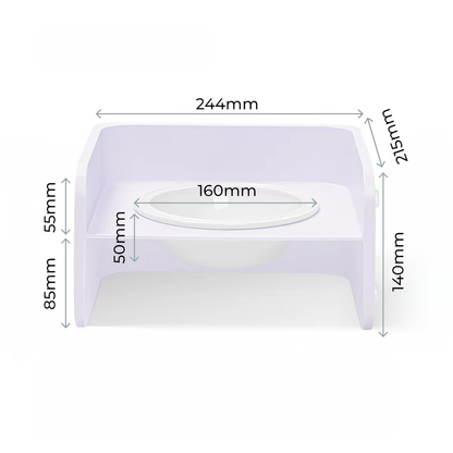 Dimensions and size guide for the purple Mango Square Table elevated pet feeding station, highlighting the 140mm ergonomic height and 160mm ceramic bowl diameter.
