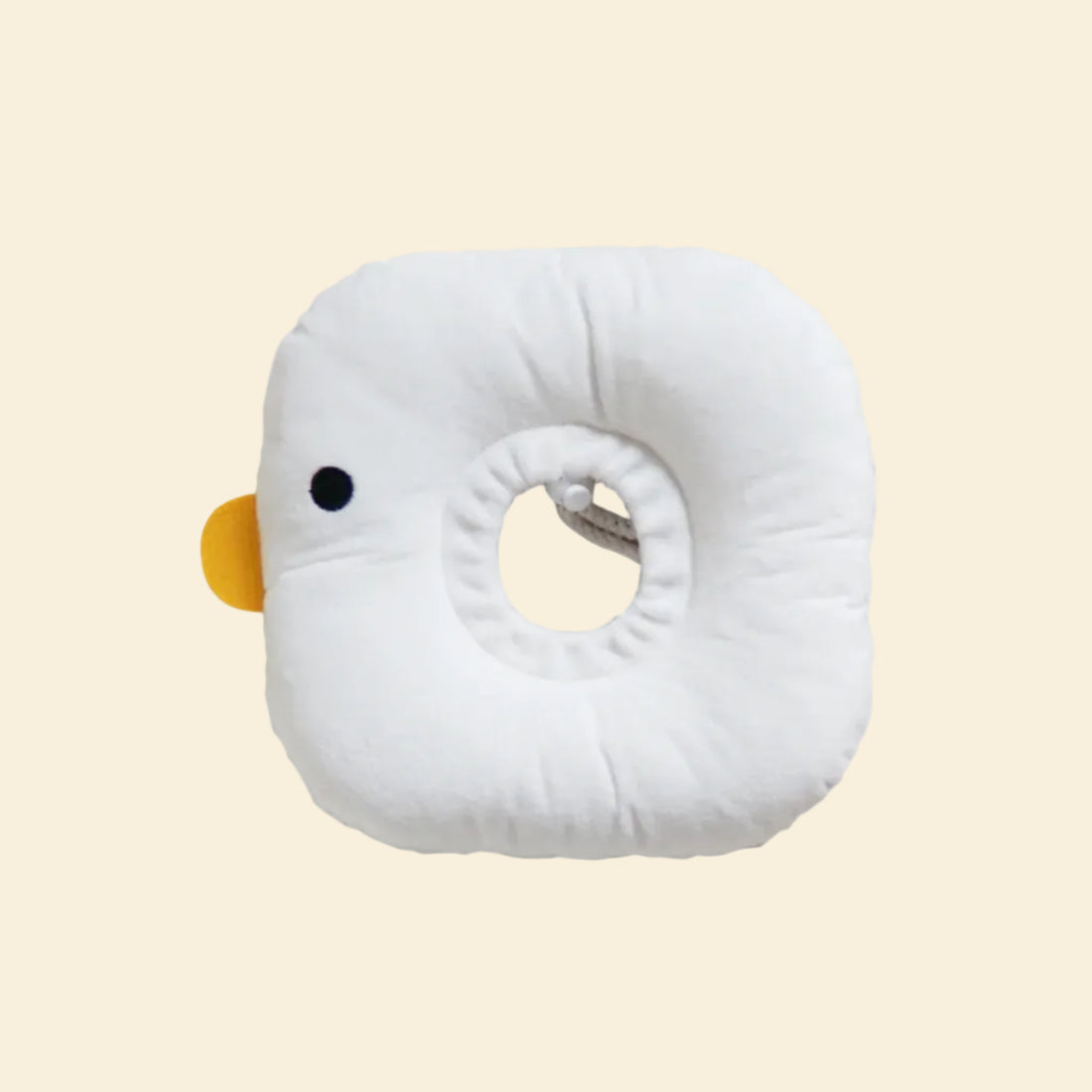 The PURROOM Pet Recovery Collar in a playful chick design on a yellow background. Showcasing the adjustable neck hole mechanism and super soft plush material for a secure, custom fit.