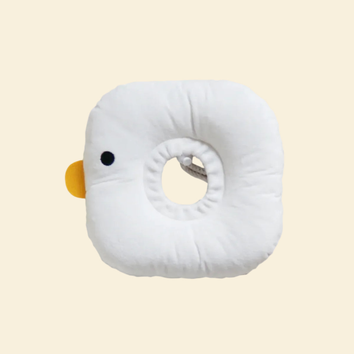 The PURROOM Pet Recovery Collar in a playful chick design on a yellow background. Showcasing the adjustable neck hole mechanism and super soft plush material for a secure, custom fit.