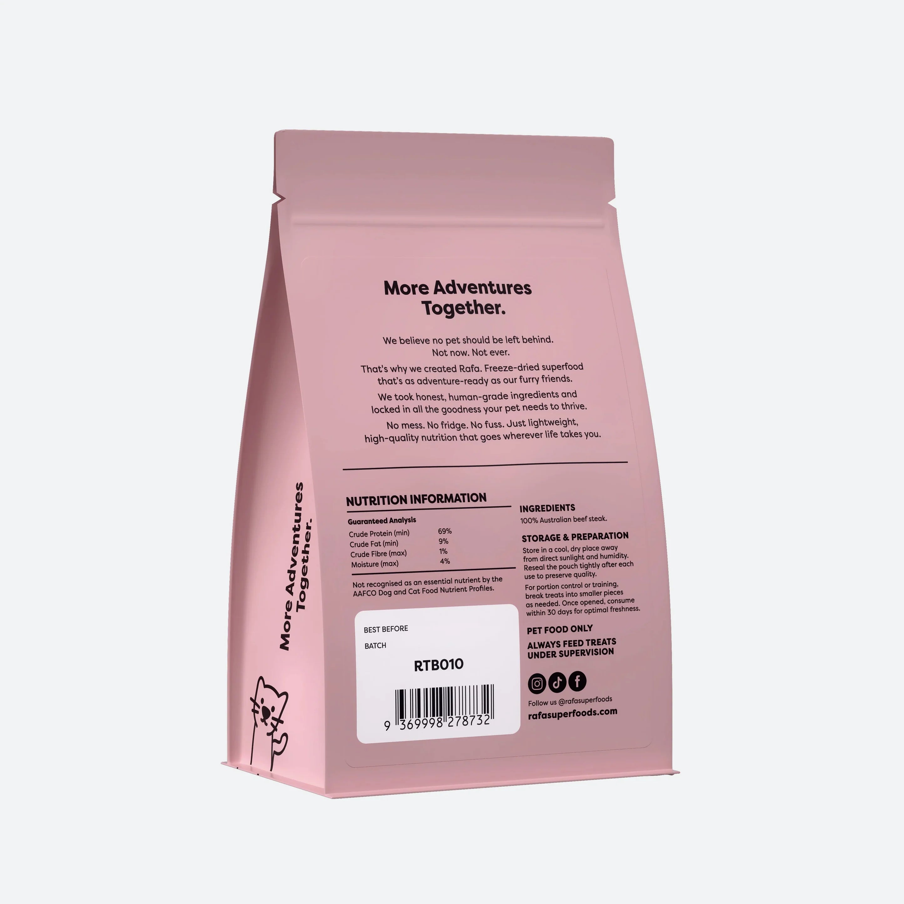 Back of the RAFA freeze-dried beef steak treats packaging, displaying the single-ingredient list (100% Australian beef steak) and a guaranteed analysis of 69% crude protein.