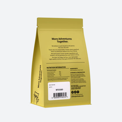 Back of the RAFA freeze-dried chicken heart treats 60g packaging, displaying the single-ingredient list (100% Australian chicken heart) and a guaranteed analysis of 66% crude protein.