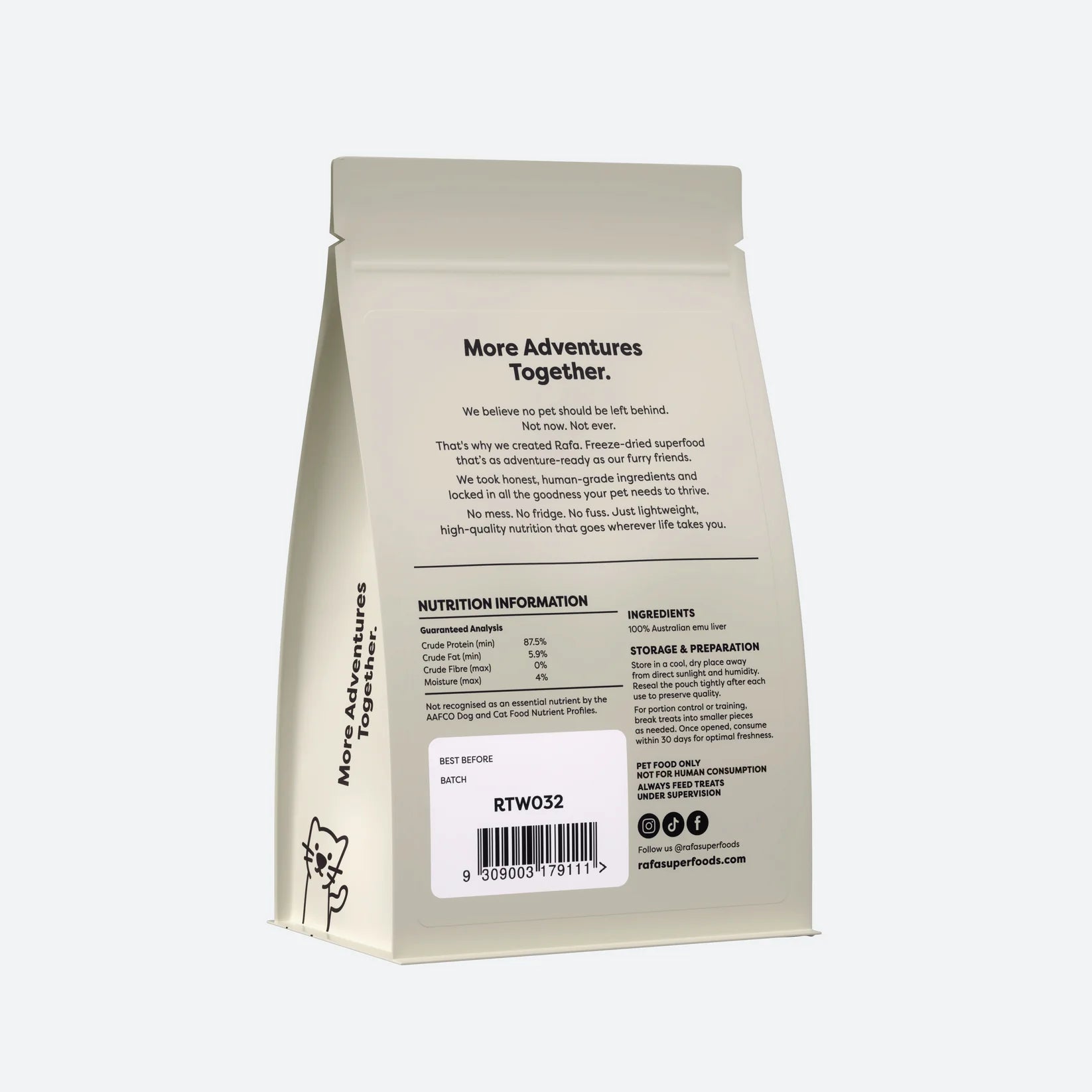 The back packaging of Rafa Raw Freeze-Dried Emu Liver (80g). Displays the &