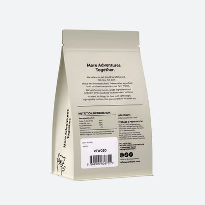 The back packaging of Rafa Raw Freeze-Dried Emu Steak (60g). Displays the 100% Australian emu steak ingredient and a guaranteed analysis of 83% minimum crude protein and 8.5% crude fat.