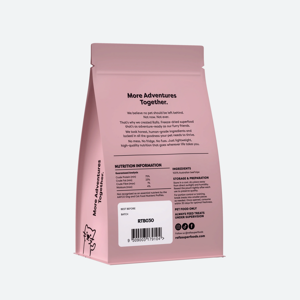 Back of RAFA Freeze-Dried Beef Tripe Treats 90g packaging showing the single ingredient, guaranteed analysis, storage and feeding information