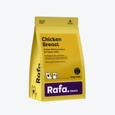 Front view of the larger 100g value pouch of RAFA freeze-dried chicken breast pet treats in bright yellow, perfect for daily training, treating, and meal topping.