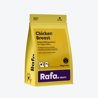Front view of the larger 100g value pouch of RAFA freeze-dried chicken breast pet treats in bright yellow, perfect for daily training, treating, and meal topping.