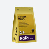 Front view of the larger 100g value pouch of RAFA freeze-dried chicken heart pet treats in bright yellow, perfect for daily training and multi-pet households.
