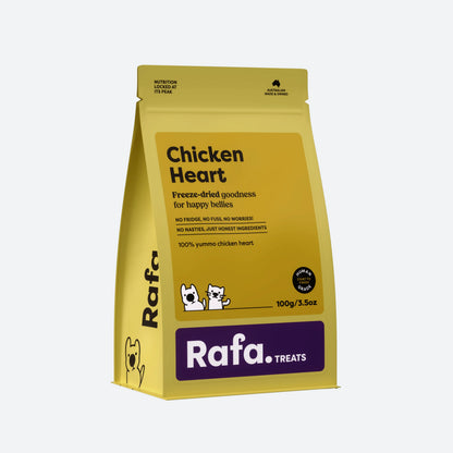 Front view of the larger 100g value pouch of RAFA freeze-dried chicken heart pet treats in bright yellow, perfect for daily training and multi-pet households.