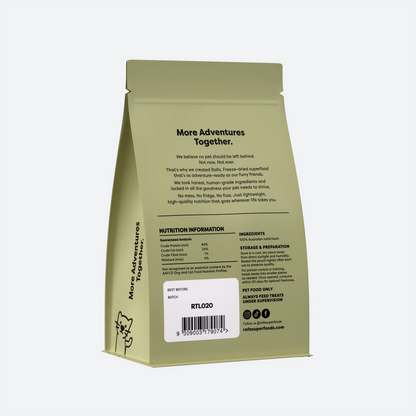 Back packaging of the RAFA freeze-dried lamb heart treats, displaying a clean, single-item ingredient list (100% Australian lamb heart) and a guaranteed analysis showing 64% minimum protein.