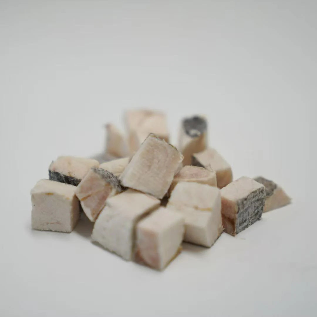 A close-up of RAFA raw freeze-dried New Zealand Hoki fillet cubes on a white background, highlighting the real fish skin and flaky white meat texture rich in natural Omega-3.