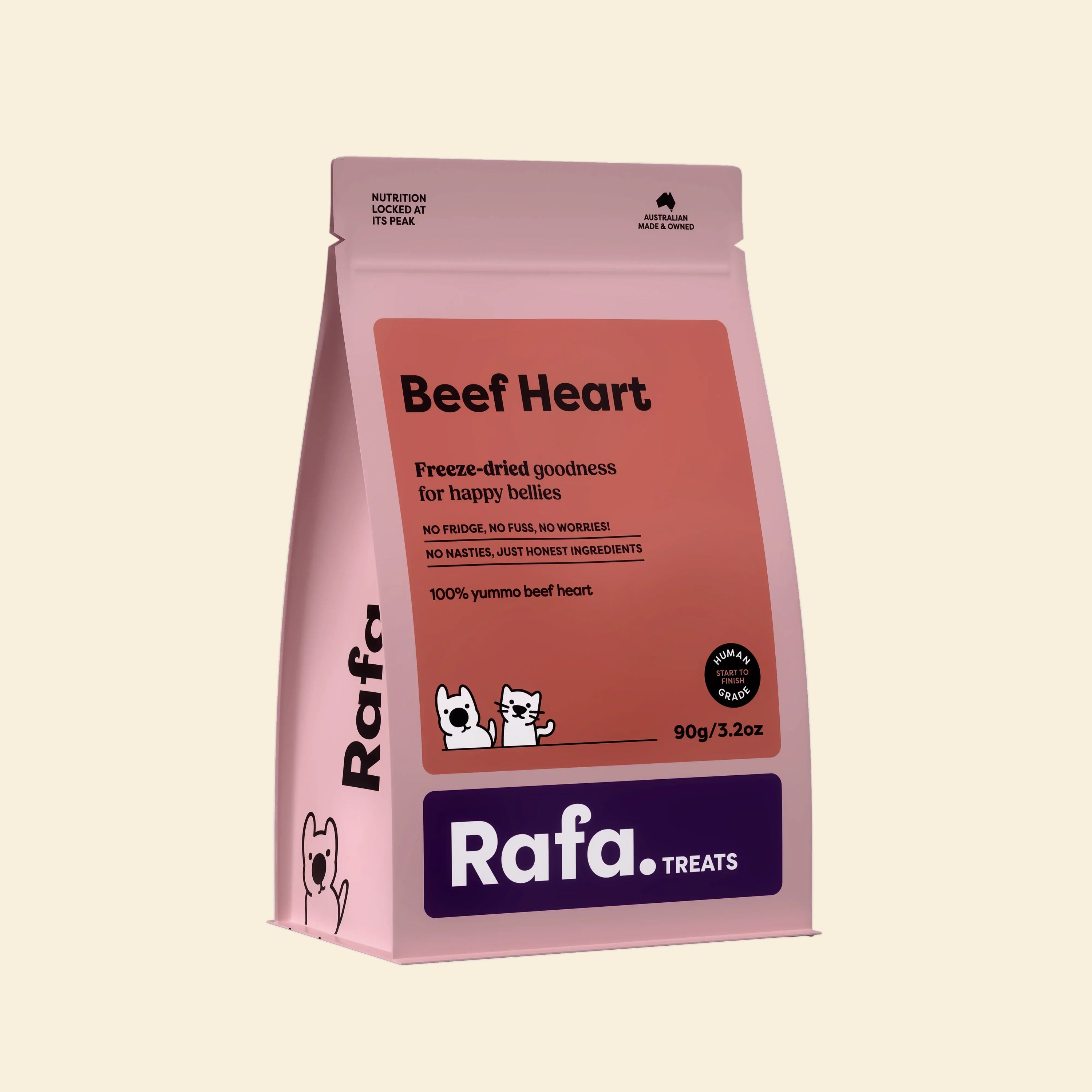Front of the RAFA freeze-dried beef heart pet treats pink pouch, highlighting "Human Grade", "100% yummo beef heart", and "No fridge, no fuss, no worries".