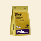 Front packaging of the RAFA freeze-dried chicken breast pet treats in a bright yellow 60g pouch, featuring "Human Grade", "100% yummo chicken breast", and "No fridge, no fuss, no worries".