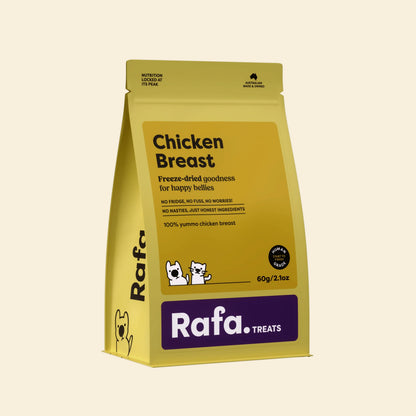 Front packaging of the RAFA freeze-dried chicken breast pet treats in a bright yellow 60g pouch, featuring "Human Grade", "100% yummo chicken breast", and "No fridge, no fuss, no worries".