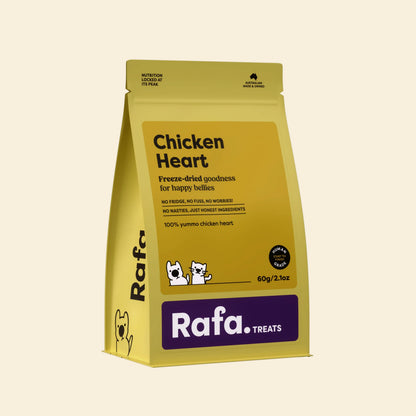 Front packaging of the RAFA freeze-dried chicken heart pet treats in a bright yellow 60g pouch, highlighting "Human Grade" and "No fridge, no fuss, no worries".