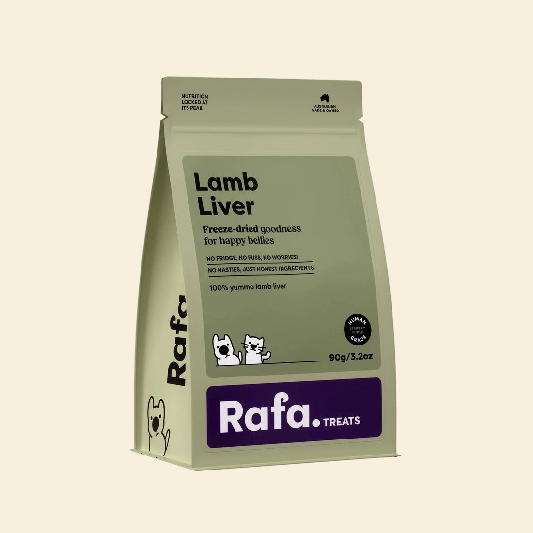 Front of the RAFA freeze-dried lamb liver pet treats sage green pouch, highlighting "Human Grade", "100% yummo lamb liver", and "No fridge, no fuss, no worries".