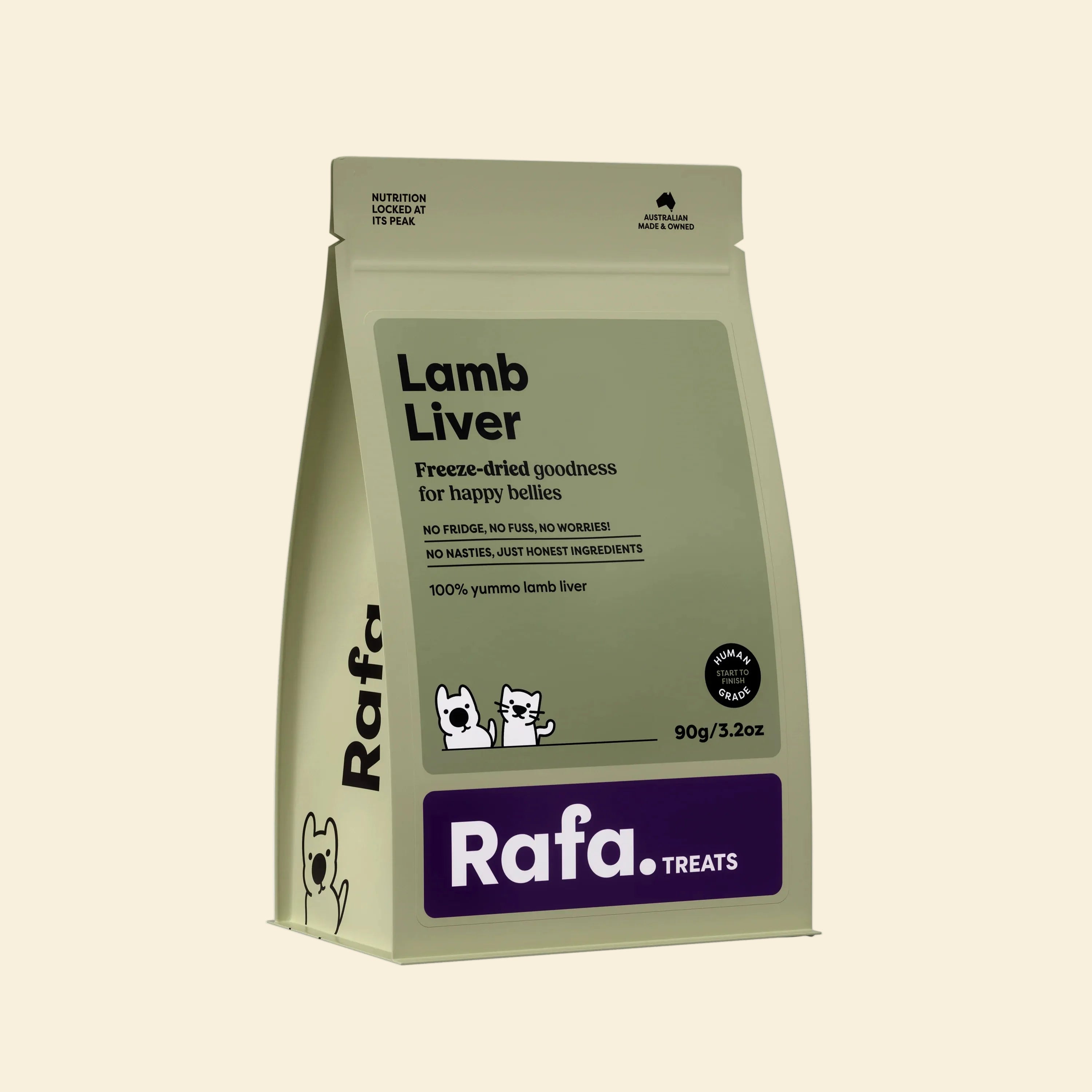 Front of the RAFA freeze-dried lamb liver pet treats sage green pouch, highlighting "Human Grade", "100% yummo lamb liver", and "No fridge, no fuss, no worries".