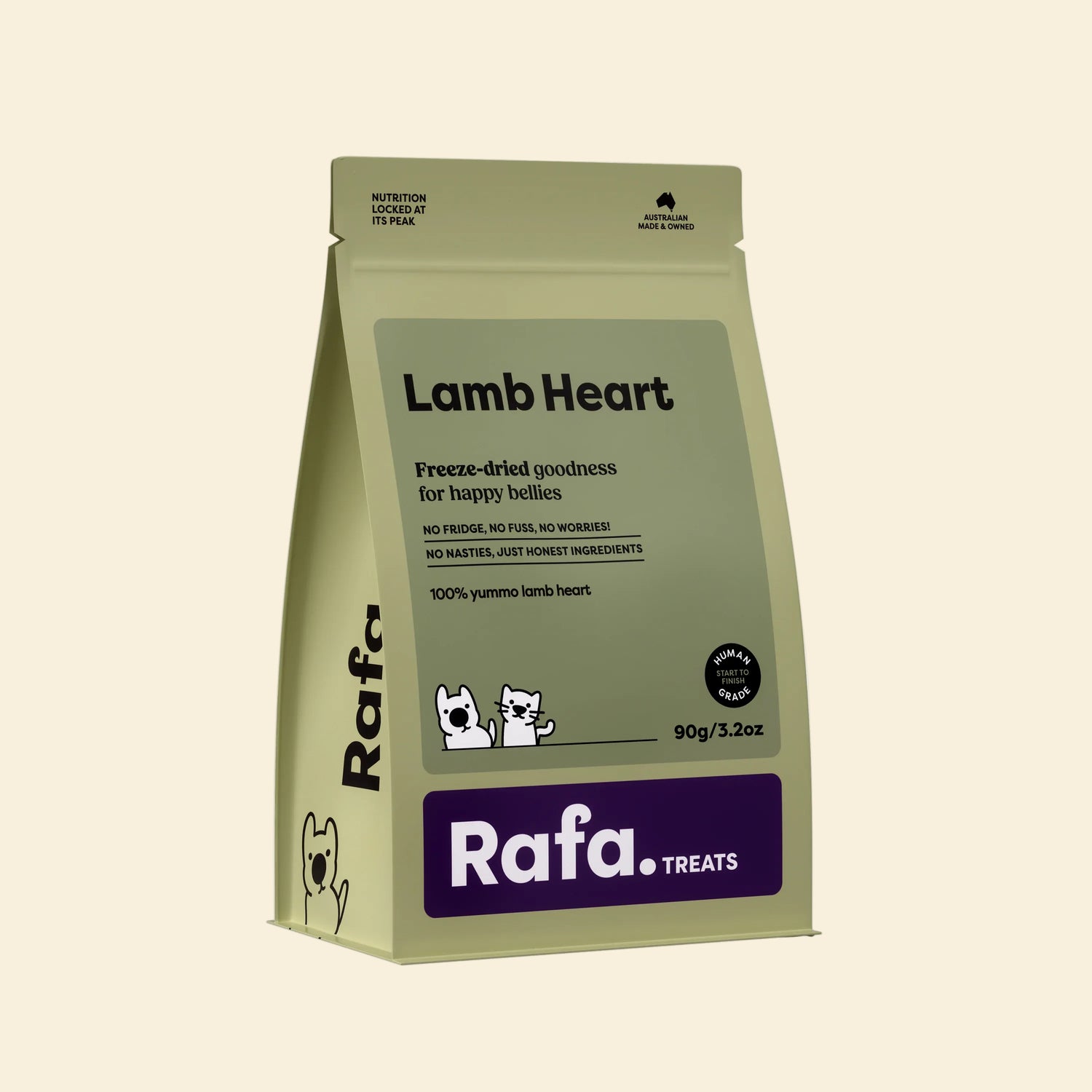 Front of the RAFA freeze-dried lamb heart pet treats olive green pouch. The packaging highlights "Human Grade", "100% yummo lamb heart", and "No fridge, no fuss, no worries".