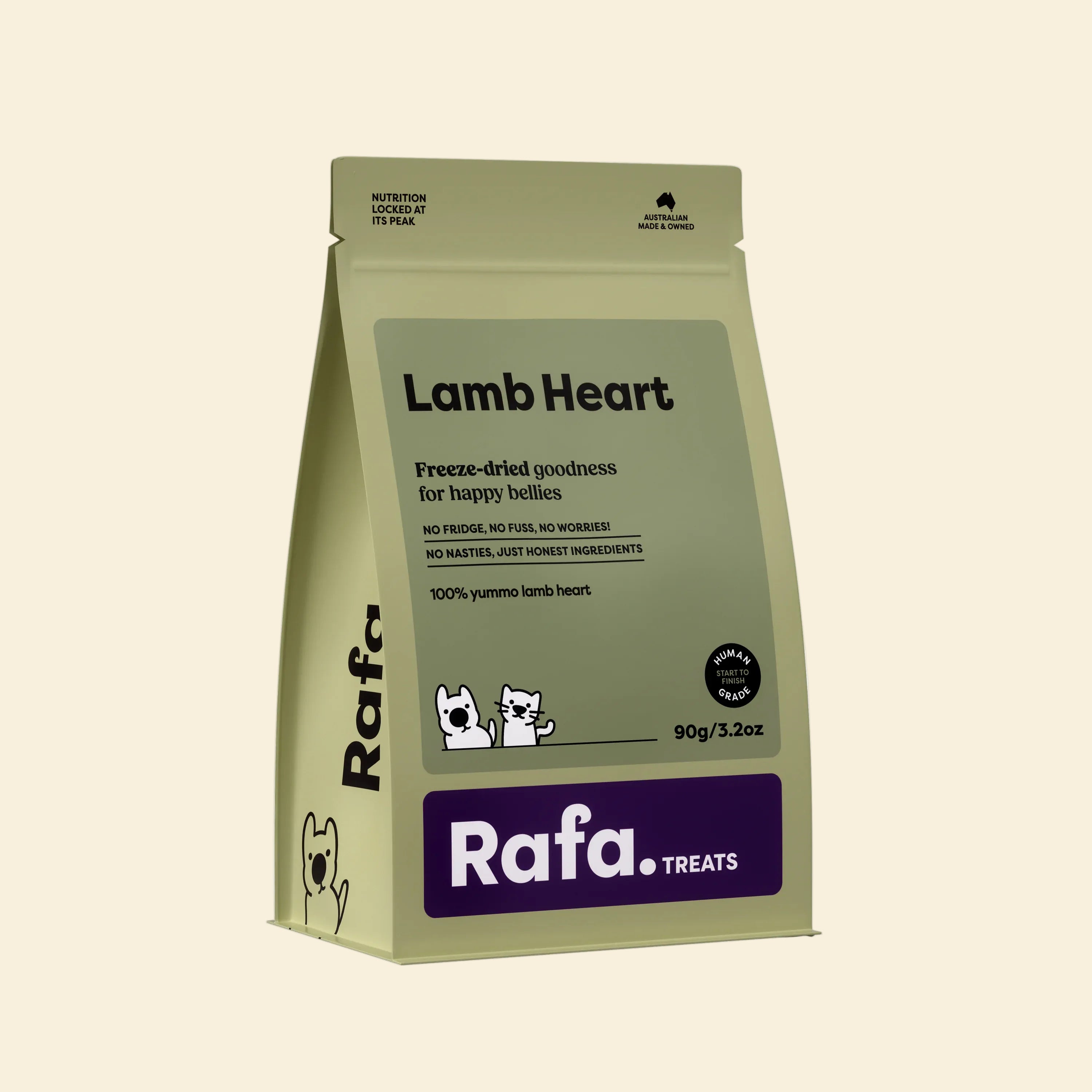 Front of the RAFA freeze-dried lamb heart pet treats olive green pouch. The packaging highlights "Human Grade", "100% yummo lamb heart", and "No fridge, no fuss, no worries".