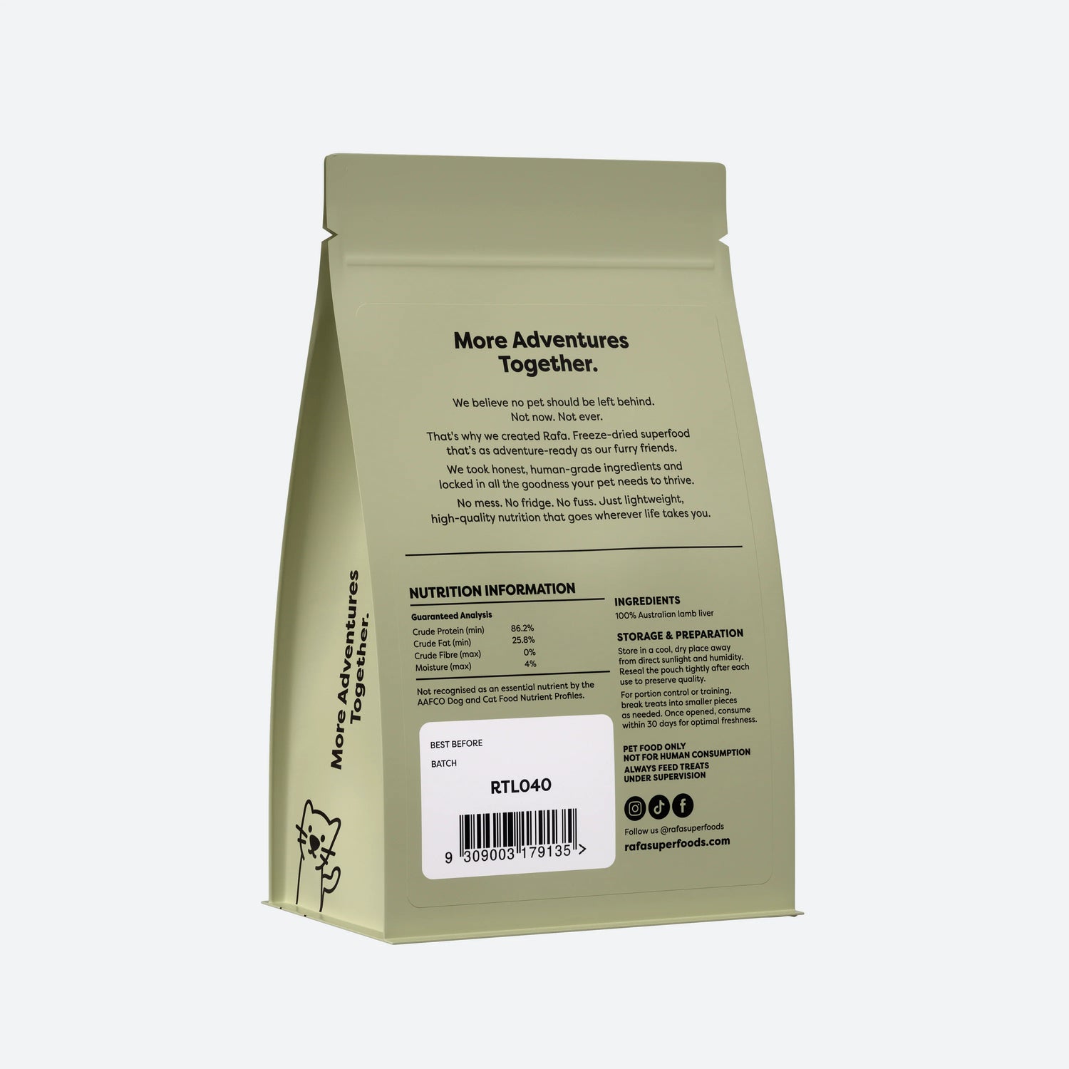 Back packaging of the RAFA freeze-dried lamb liver treats displaying the single-ingredient list, 100% Australian lamb liver, and a guaranteed analysis of 86.2% crude protein.