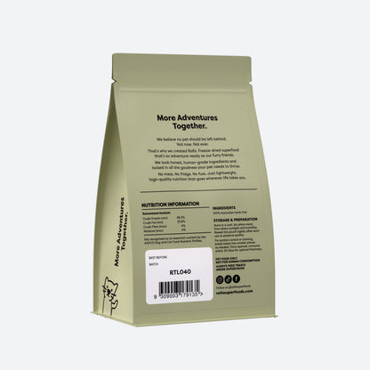 Back packaging of the RAFA freeze-dried lamb liver treats displaying the single-ingredient list, 100% Australian lamb liver, and a guaranteed analysis of 86.2% crude protein.