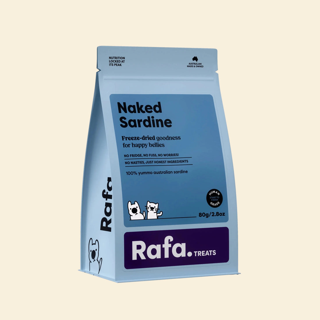 Front of RAFA Naked Sardine freeze-dried treats for dogs and cats, made in Australia with 100% Australian sardine