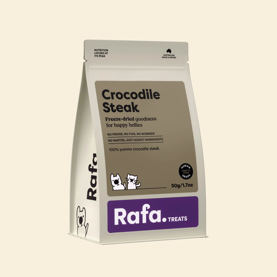 Front packaging of Rafa Raw Crocodile Steak freeze-dried treats for dogs and cats (50g). Features callouts for Human-Grade, Australian Made, and 100% yummo crocodile steak.