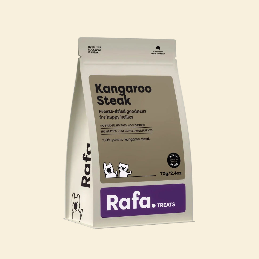 Front packaging of Rafa Raw Kangaroo Steak freeze-dried treats for dogs and cats (70g). Features callouts for Human-Grade, Australian Made, and 100% yummo kangaroo steak for happy bellies.