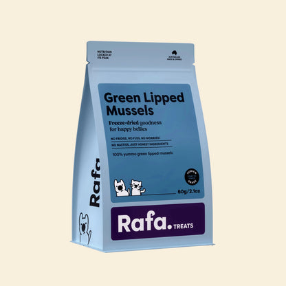 Front of the blue Rafa Raw Green Lipped Mussels bag (60g). Human-grade freeze-dried goodness for dog and cat joint support, featuring a no fridge, no fuss guarantee.