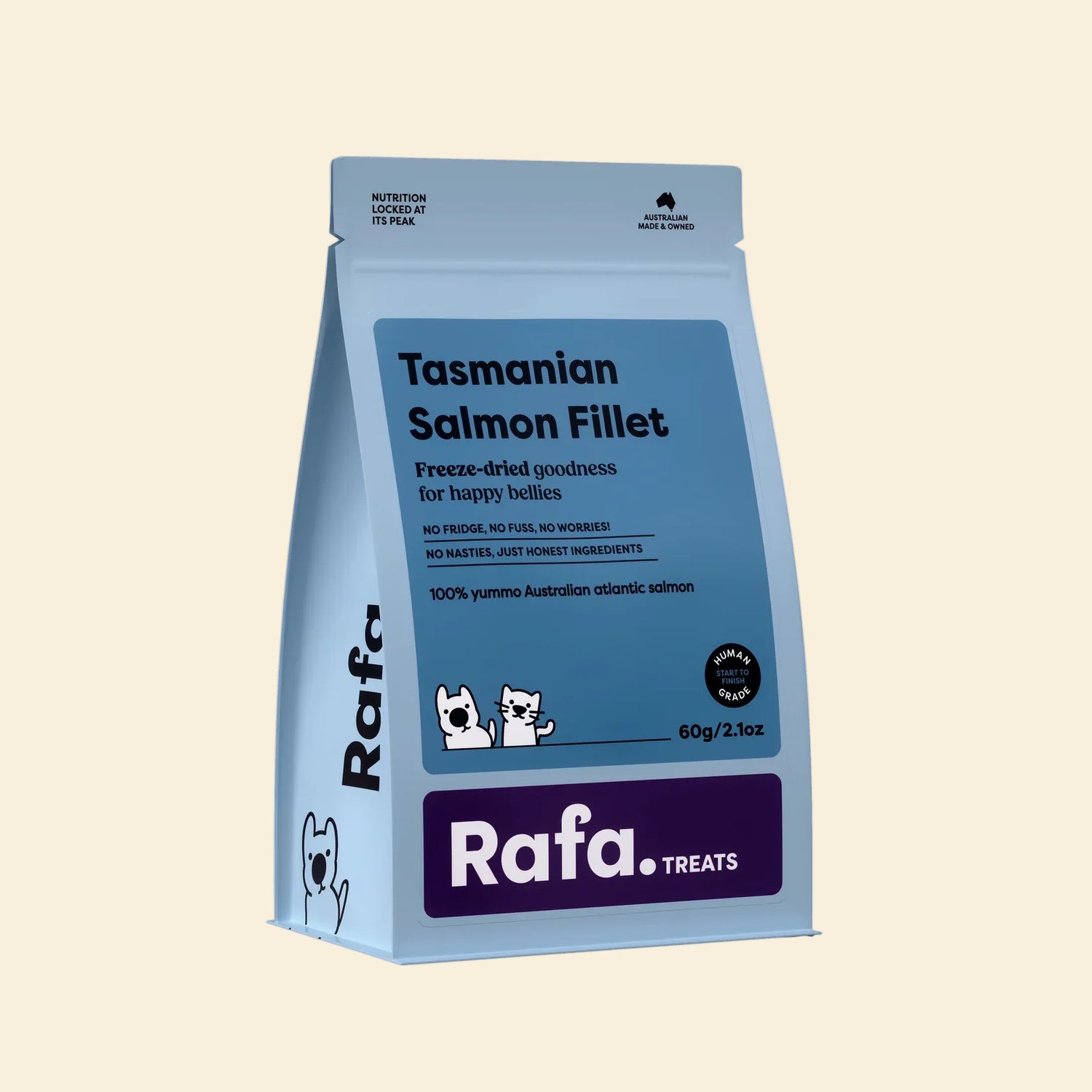 Front of the light blue Rafa Raw Tasmanian Salmon Fillet bag (60g). Human-grade freeze-dried goodness for dogs and cats, sourced sustainably with no fridge required.