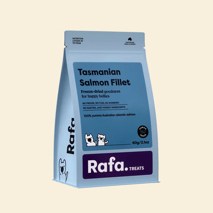 Front of the light blue Rafa Raw Tasmanian Salmon Fillet bag (60g). Human-grade freeze-dried goodness for dogs and cats, sourced sustainably with no fridge required.