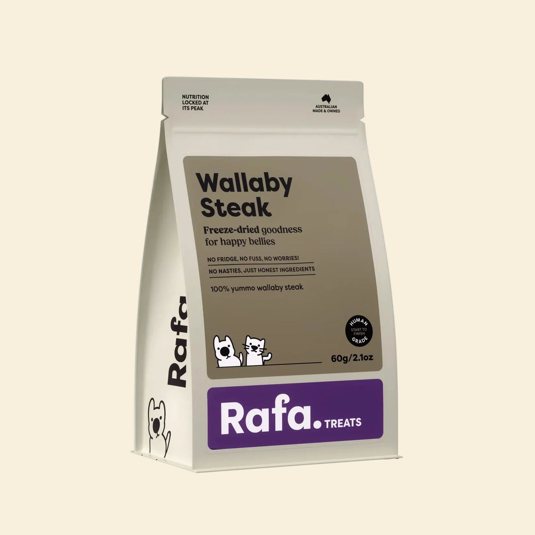 Front packaging of Rafa Raw Wallaby Steak freeze-dried treats for dogs and cats (60g). Features callouts for Human-Grade, Australian Made, and wild-harvested single-ingredient nutrition.