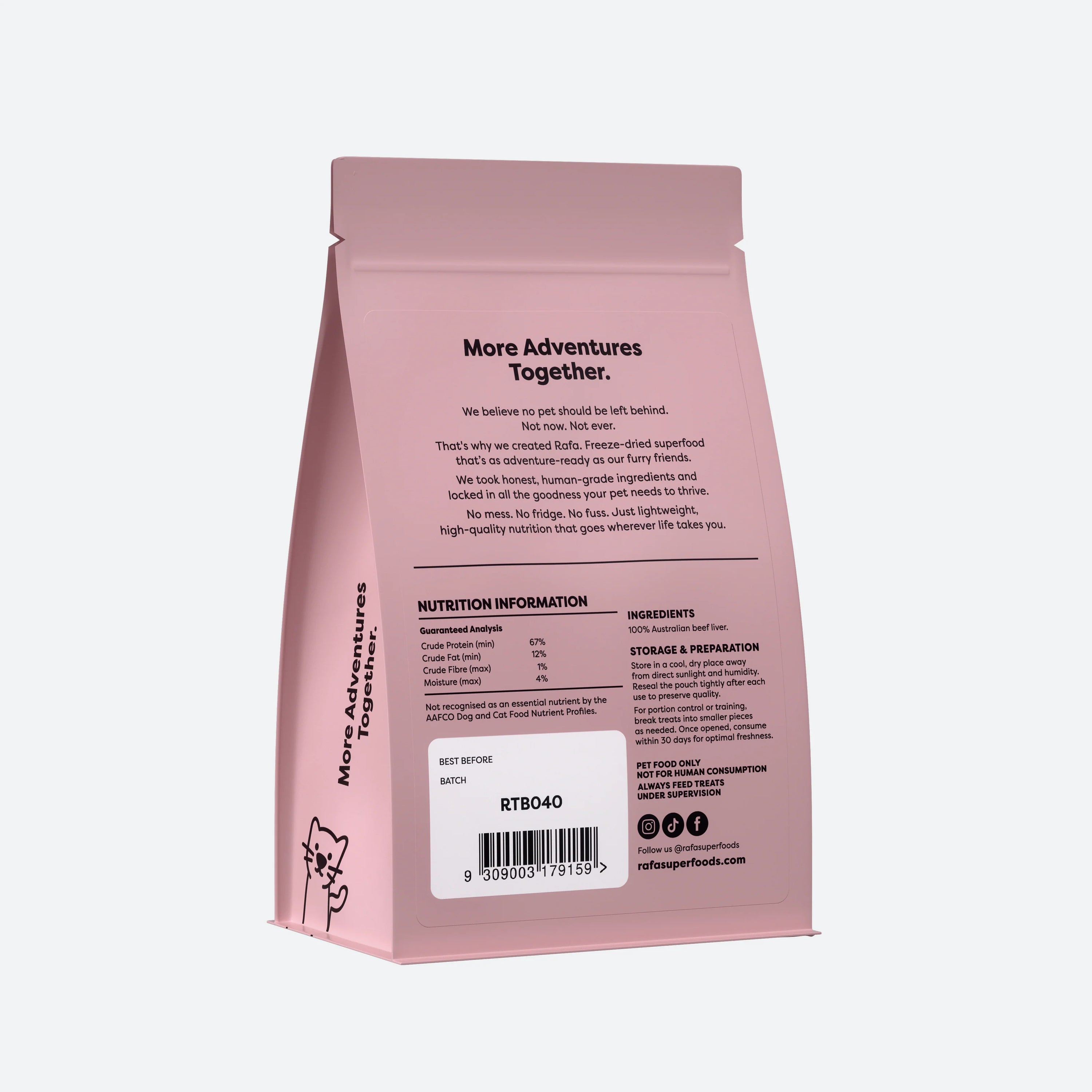 Back view of Rafa Treats freeze-dried beef liver 90g pouch, displaying nutritional information, ingredients, and barcode.